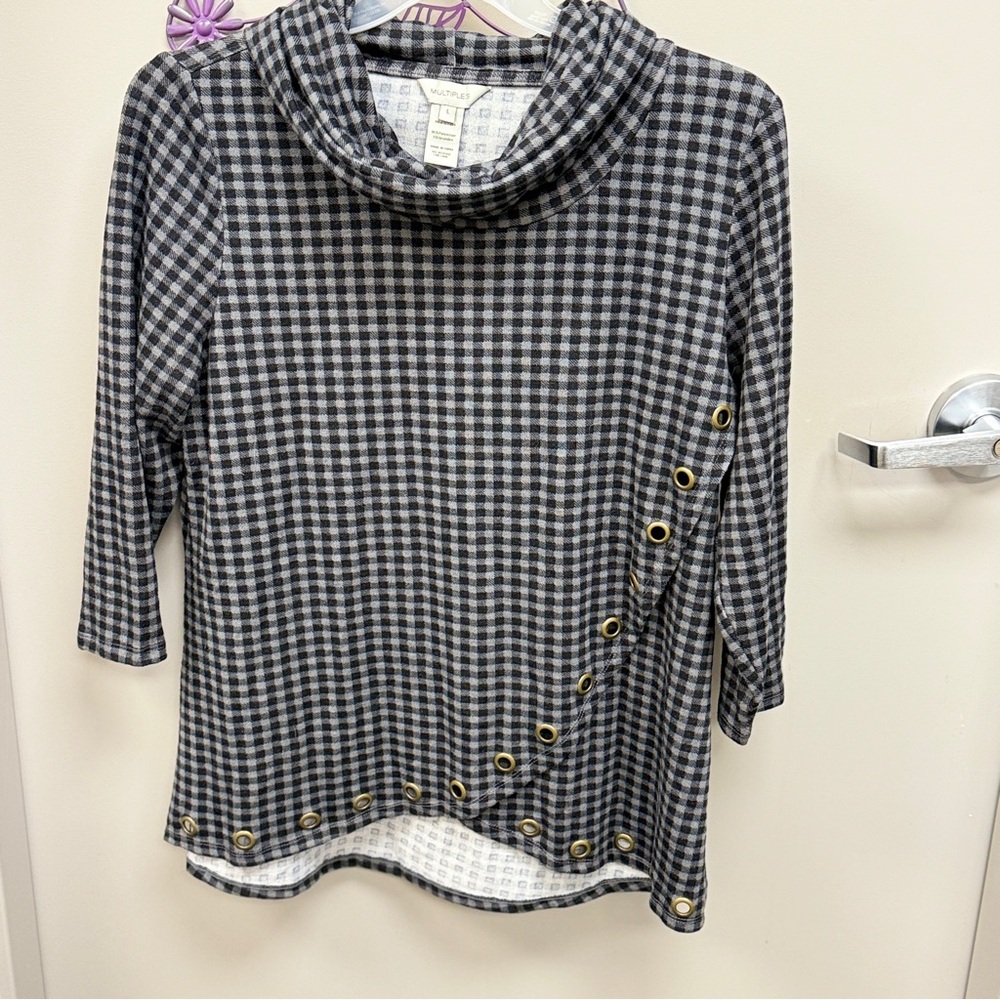 Multiples Gray and White Checkered Cowl Neck Top‎